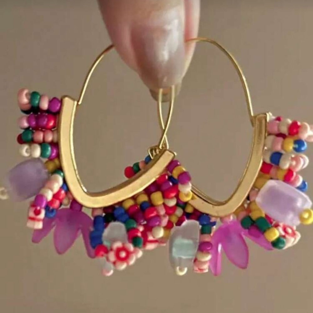 Handmade Multicolor Beaded Gold Hoop Earrings